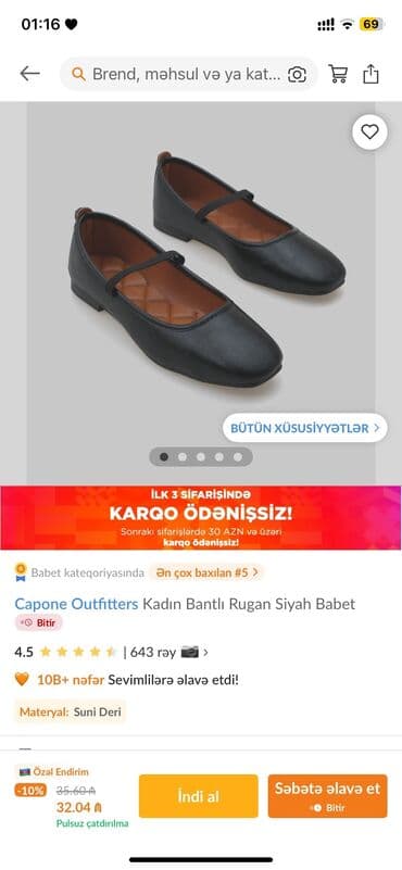 barya ayakkabı: Baletkalar, Ölçü: 37, rəng - Qara, Yeni — 2