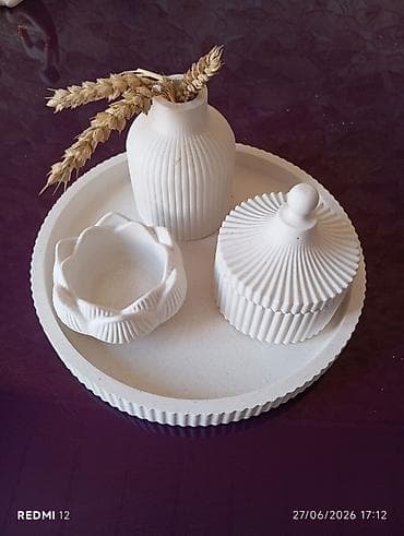 damla tekstil: Minimalist dekor dəsti – gips/daş qarışıqlı dekorativ aksesuarlar — 1