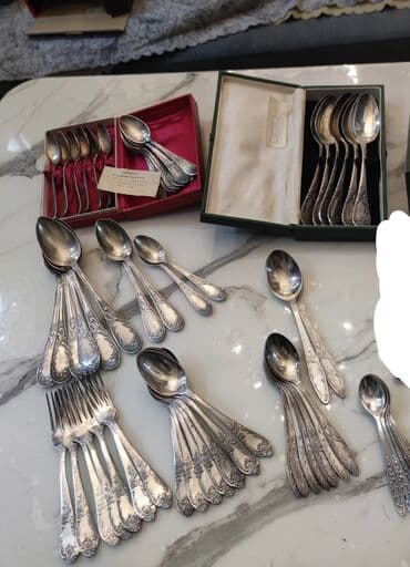 çay qaşığı: Qədimi melxyor destler Старинные мельхеровые столовые приборы ложки — 1