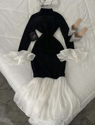 baliq donlar: Zərif axşam geyimi – qara-bəyaz kontrastlı midi don - Model: bədənə — 1