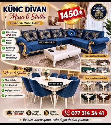 kunc divan gence: Künc divan + masa 6 stul dəsti Dəst tərkibi: - Künc divan (3×2 ölçü) — 1