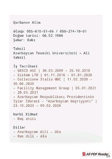 IS axtariram. Xidmət: Peşəkar kadr – Qurbanov Alim Profil: - Təhsil — 1