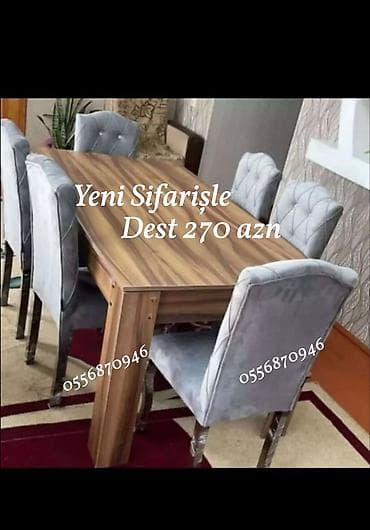Qonaq otağı üçün, Yeni, Açılmayan, Kvadrat masa, 6 stul