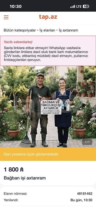 ƏR-ARVAD (YATILI) İŞ AXTARIR Vəzifələr: * Bağban * Ev təmizlikçisi