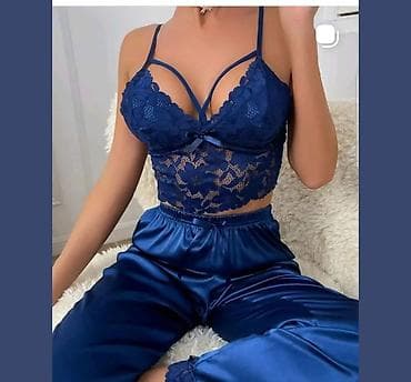 paltar ipi: Dərin göy rəngdə qadın pijama dəsti - 2 variant: şortlu və uzun — 2