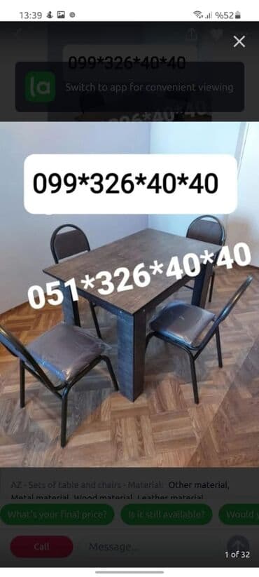 Masa və oturacaq dəstləri: Qonaq otağı üçün, Yeni, Açılan, Dördbucaq masa, 2 stul — 12