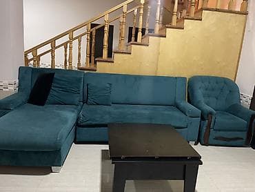 cuce su qabi: Künc divan dəsti + kreslo + orta stol - Rəng: tünd firuzə/teal - — 1