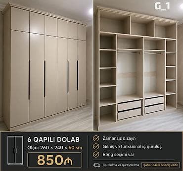 geyim dolabi: 6 qapılı geyim dolabı – zamansız dizayn və geniş saxlama həlli. Ölçü — 1