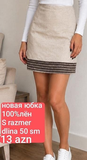 honor smart: Qadın ətəyi – 100% kətan - Ölçü: S - Uzunluq: 50 sm - Rəng: bej — 1