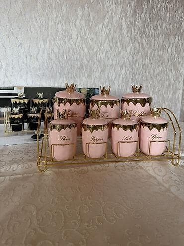 first home tekstil: Mətbəx üçün qızılı rəflə dəst – çəhrayı-qartmaq qapaqlı keramik qablar — 2