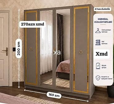 Dörd qapılı paltar dolabı - Ölçülər: hündürlük 200 sm, en 160 sm