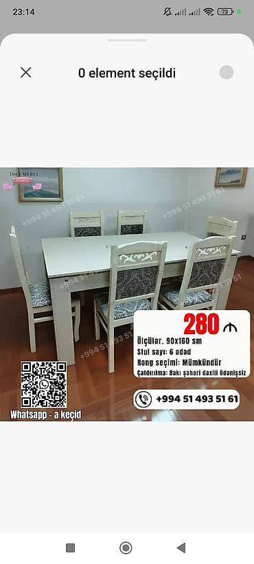 Mətbəx üçün, Yeni, Açılmayan, Dördbucaq masa, 6 stul