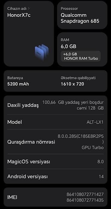 honor magic 8 pro qiyməti: Honor X7c, 128 GB, rəng - Yaşıl, İki sim kartlı — 2
