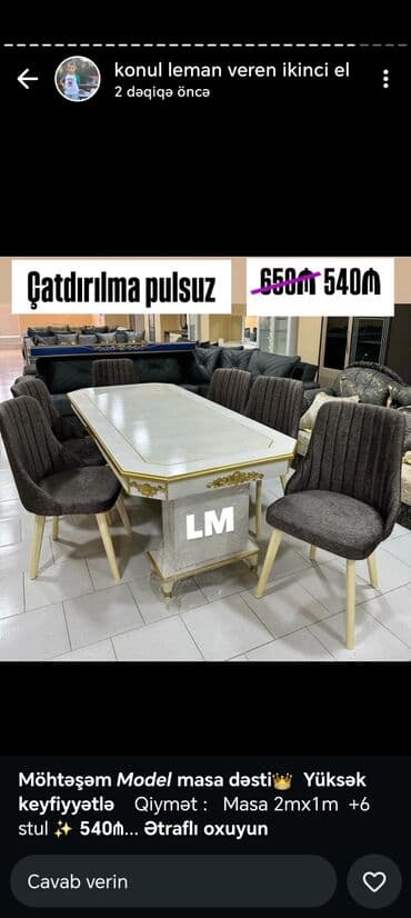 islenmis dikt satilir: Qonaq otağı üçün, Açılmayan, Dördbucaq masa, 6 stul — 1