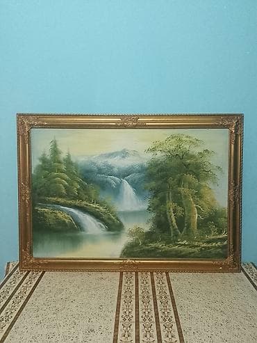 qurup sekilleri: Yağlı boya təbiət mənzərəsi tablo - Mövzu: Şəlaləli dağ və meşə — 2