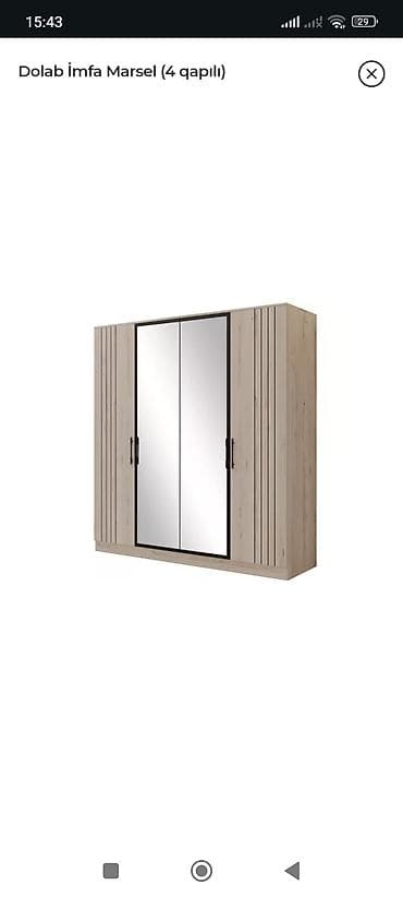 asilqan taxta: Yeni, 4 qapılı, Güzgülü, Bej, Taxta, Açılan, Düz dolab — 1