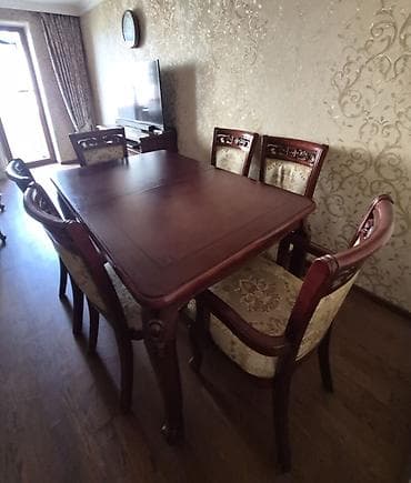 tabletka stul: Qonaq otağı üçün, İşlənmiş, Açılan, Dördbucaq masa, 6 stul — 4