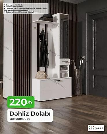 oturaca: Dəhliz dolabı – 40×200×90 sm - Dizayn: Ağ korpus, dekorativ şaquli — 1
