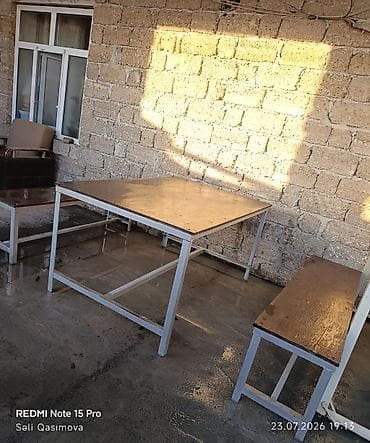 Bağ, çöl mebeli: Metal karkaslı masa və skamya dəsti - Dəst: 1 ədəd düzbucaqlı masa + — 3