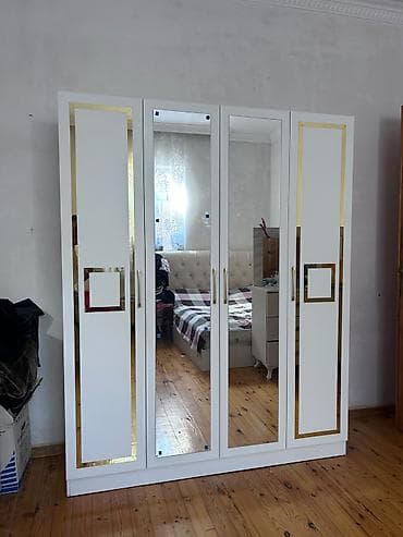 divar skafi: Yeni, 4 qapılı, Güzgülü, Ağ, Açılan, Düz dolab — 2