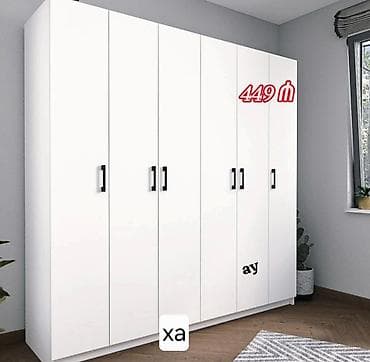 ucuz taxtlar: Ağ rəngli, minimal dizaynlı 6 qapılı dolab. Hər qapıda qara rəngli — 1