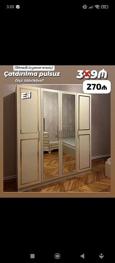 Mebel: Yeni, 4 qapılı, Güzgülü, Digər rəng, Taxta, Açılan, Düz dolab — 6