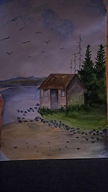ucuz tablo: Akvarel tablo – göl kənarında ev mənzərəsi Əl işi akvarel rəsm əsəri — 4