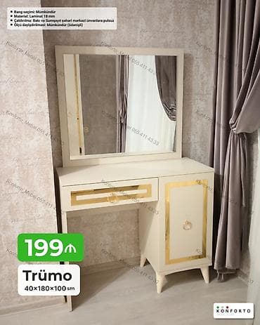 guzgu aləmi: Trümo – krem rəngli, qızılı dekorlu güzgülü makiyaj masası — 1