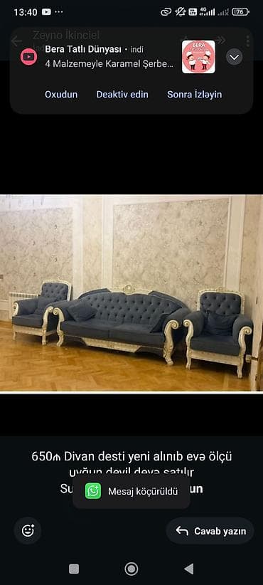 650₼ Divan desti yeni alınıb evə ölçü uyğun deyil deyə satılır