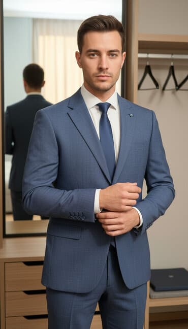 строгие мужские костюмы: Kişi kostyumu – 3 hissəli dəst - Rəng: tünd boz-mavi (xırda teksturalı — 2