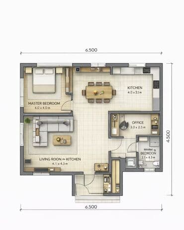 Opel: 2 otaqlı mənzil planı – 65 m² - Ümumi ölçülər: 6.5 m x 6.5 m (təqr — 1