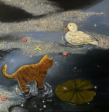 yeni qiz sekilleri: Məhsul: Orijinal rəsm əsəri – “Gecə gölündə pişik və ördək” - — 1