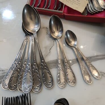 çay qaşığı: Qədimi melxyor destler Старинные мельхеровые столовые приборы ложки — 2