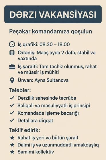 qusar iş elanları 2023: Tikişçi tələb olunur, 1-2 illik təcrübə, 1/1, Aylıq ödəniş — 1
