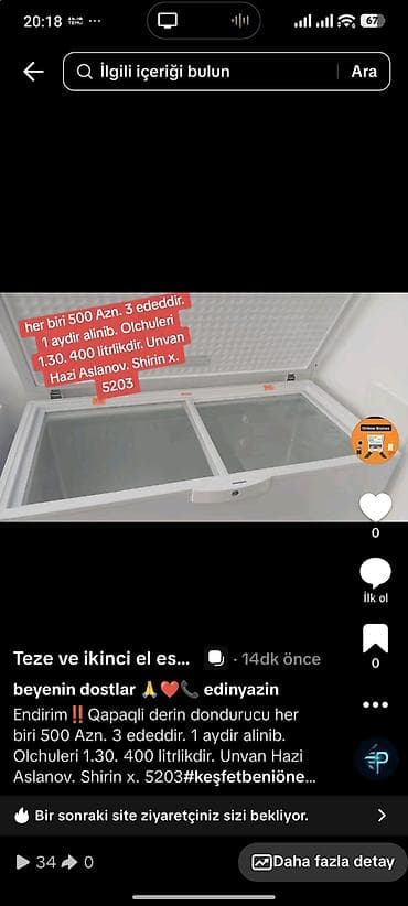 dondurma xaladelnik: Qapaqlı dərin dondurucu - Həcm: 400 litr - Ölçü: təxminən 1.30 m - — 1