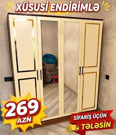 Dört qapılı geyim dolabı – klassik dizayn, krem rəngdə ön panellər və lalafo.az -da Dört qapılı geyim dolabı – klassik dizayn, krem rəngdə ön panellər və