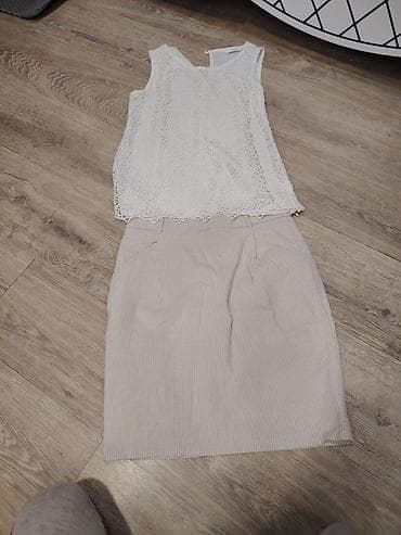 Qadın geyim dəsti – krujeva detallı bluz və ətək - Üst: ağ rəngdə