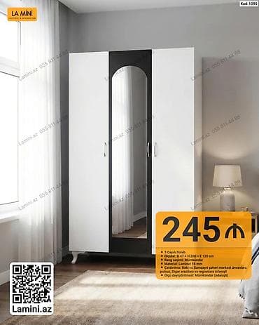 Üç qapılı paltar dolabı – Kod: 1095 - Dizayn: Ortada tam boy güzgülü — 1