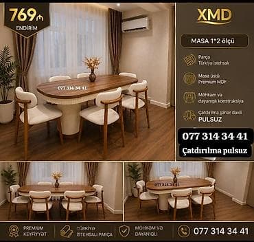 XMD yemək otağı dəsti – masa və 6 ədəd stul - Masa ölçüsü: 1×2 m -
