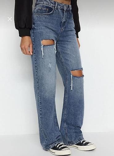 jins: Qadınlar üçün cins şalvar – düz kəsim, diz və bud hissəsində deşikli — 2