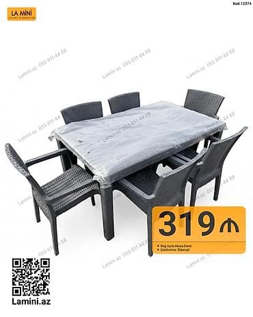 heyet stol stul: Bağ üçün Masa Dəsti - 1 ədəd düzbucaqlı masa + 6 ədəd kreslo - Rattan — 1