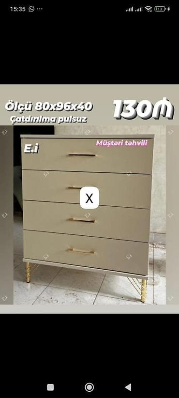 komodlar: Mebel: 4 çekmecəli komod Xüsusiyyətlər: - Ölçü: 80×96×40 sm (şəkildə — 1