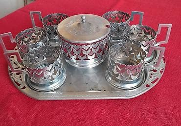 Набор мельхиоровый СССР, поднос, подстаканники и сахарница. Цена 100 lalafo.az -da Набор мельхиоровый СССР, поднос, подстаканники и сахарница. Цена 100