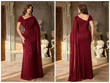 Bordo rəngdə zərif gecə/libas - Model: Floor-length, bir çiyinli — 1
