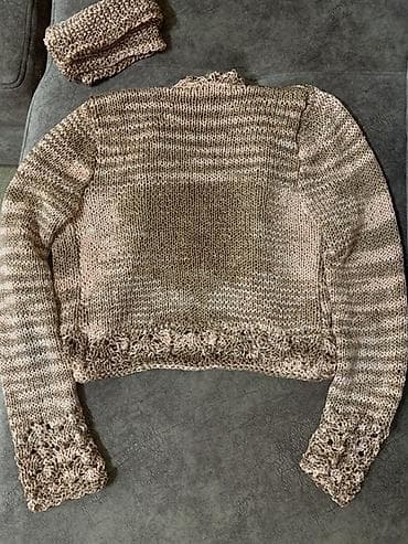 deri jaket: Əl işi toxunma qısa kardiqan - Rəng: bej–şokolad qarışığı, yüngül — 4