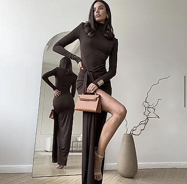 Qadın axşam donu – şokolad rəngi - Uzun, bədənə oturan siluet -