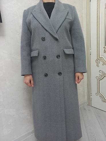 uzun kurtkalar kisi ucun: Qadın uzun palto – boz rəng, balıqqulağı (herringbone) naxışlı — 1