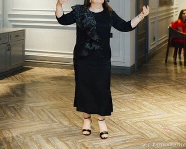 nişan paltarı: Qara ziyafət paltarı - Model: Midi uzunluqda, dar siluetli, 3/4 qol - — 1