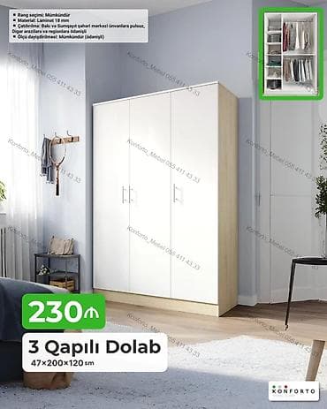 3 qapılı dolab – 47×200×120 sm - Material: 18 mm laminat - Rəng — 1