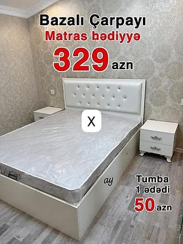 Bazalı çarpayı – ağ rəngdə, yumşaq başlıqla. Başlıqda düyməli dekor — 1
